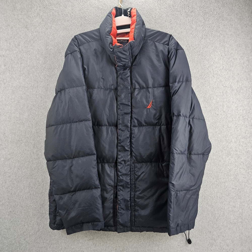 NAUTICA Puffer Jacket Mens M Black Orange Quilted Full Zip Winter Outerwear